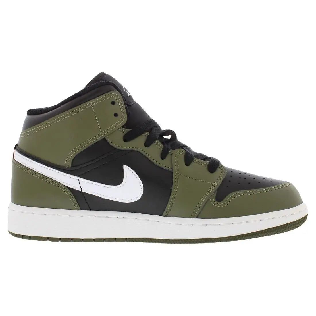 For for Air for 1 Mid GS Boys Basketball Shoes Breathable Mesh Upper Cushioned EVA Midsole Black White Medium Olive