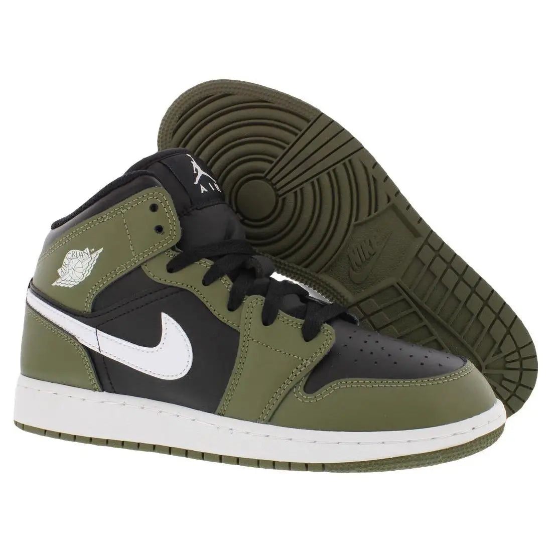 For for Air for 1 Mid GS Boys Basketball Shoes Breathable Mesh Upper Cushioned EVA Midsole Black White Medium Olive