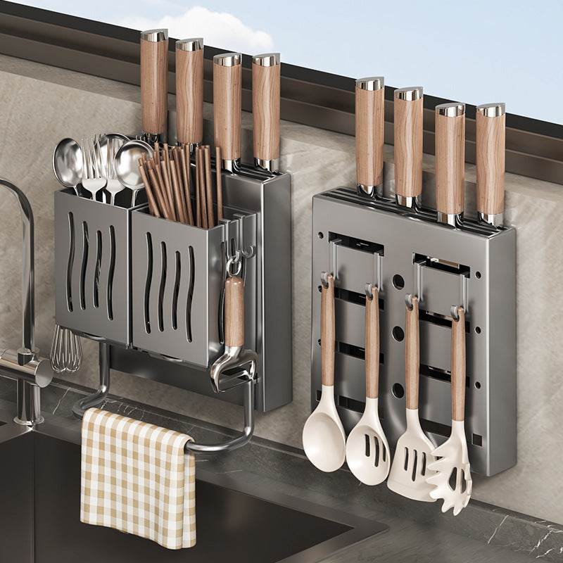 Porte-couteaux, planche à découper, étagère de rangement de cuisine murale multifonctionnelle sans perçage, avec crochets et support à baguettes