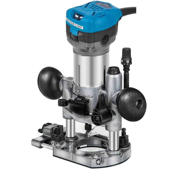 Kit de défonceuse compacte de 1,25 HP avec base fixe, plongeante et inclinable, vitesse variable, puissance de 800 W, couple maximal et 30 000 tr/min — état neuf