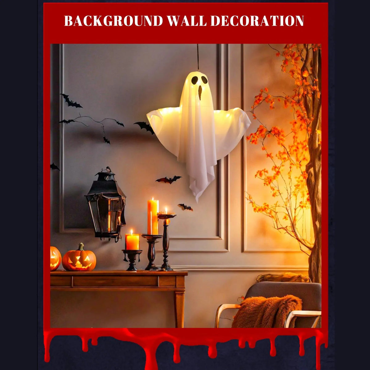 Halloween Ghost Hanging Decorations Halloween Hanging Light Up White Flying Ghosts Tree Window Wall Scary Ornament 50X40cm