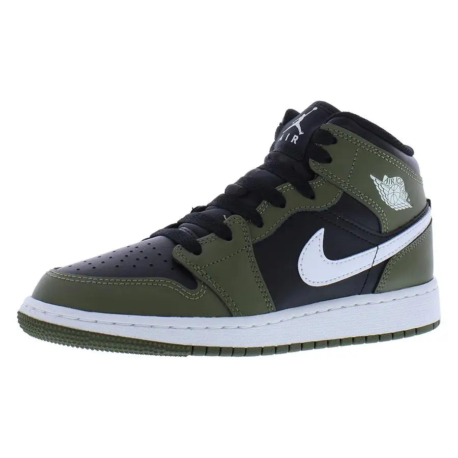 For for Air for 1 Mid GS Boys Basketball Shoes Breathable Mesh Upper Cushioned EVA Midsole Black White Medium Olive