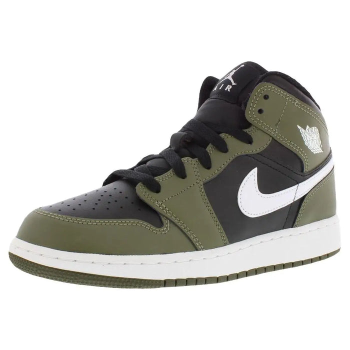 For for Air for 1 Mid GS Boys Basketball Shoes Breathable Mesh Upper Cushioned EVA Midsole Black White Medium Olive