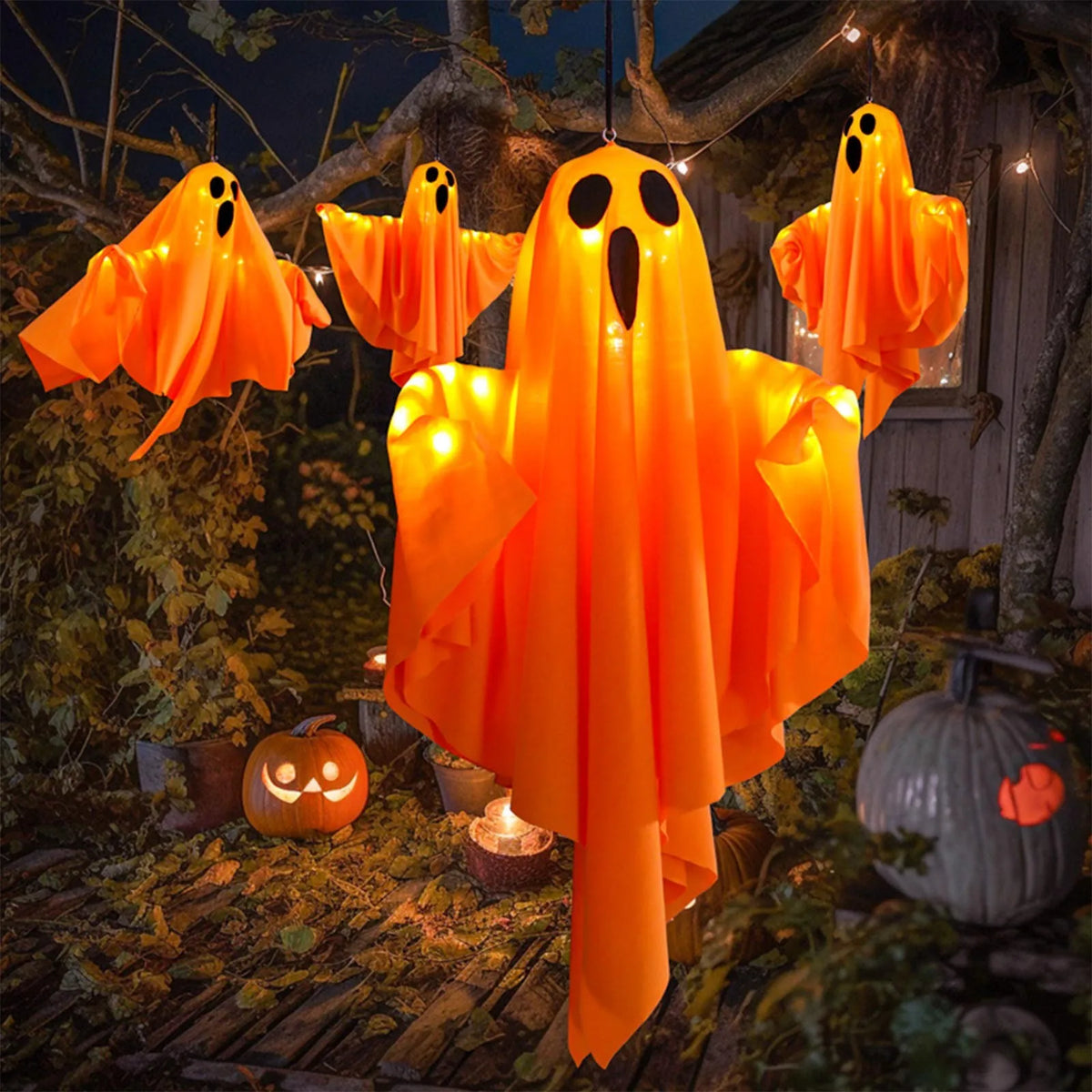 Halloween Ghost Hanging Decorations Halloween Hanging Light Up White Flying Ghosts Tree Window Wall Scary Ornament 50X40cm