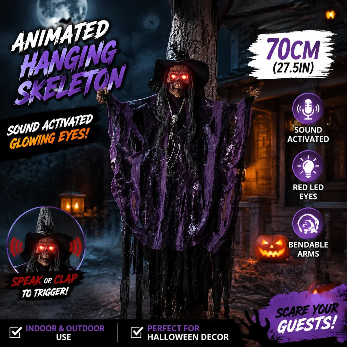Halloween Sound Activated Hanging Ghost Prop LED Light Up Talking Skeleton Witch Decor Scary Doll For Horror Party Scene