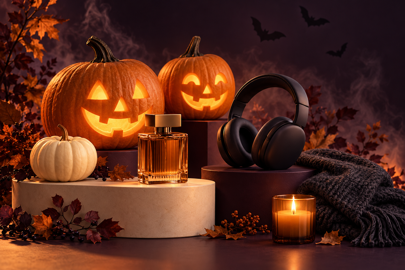 Glowing Halloween pumpkins with headphones, fragrance, and cozy home accessories